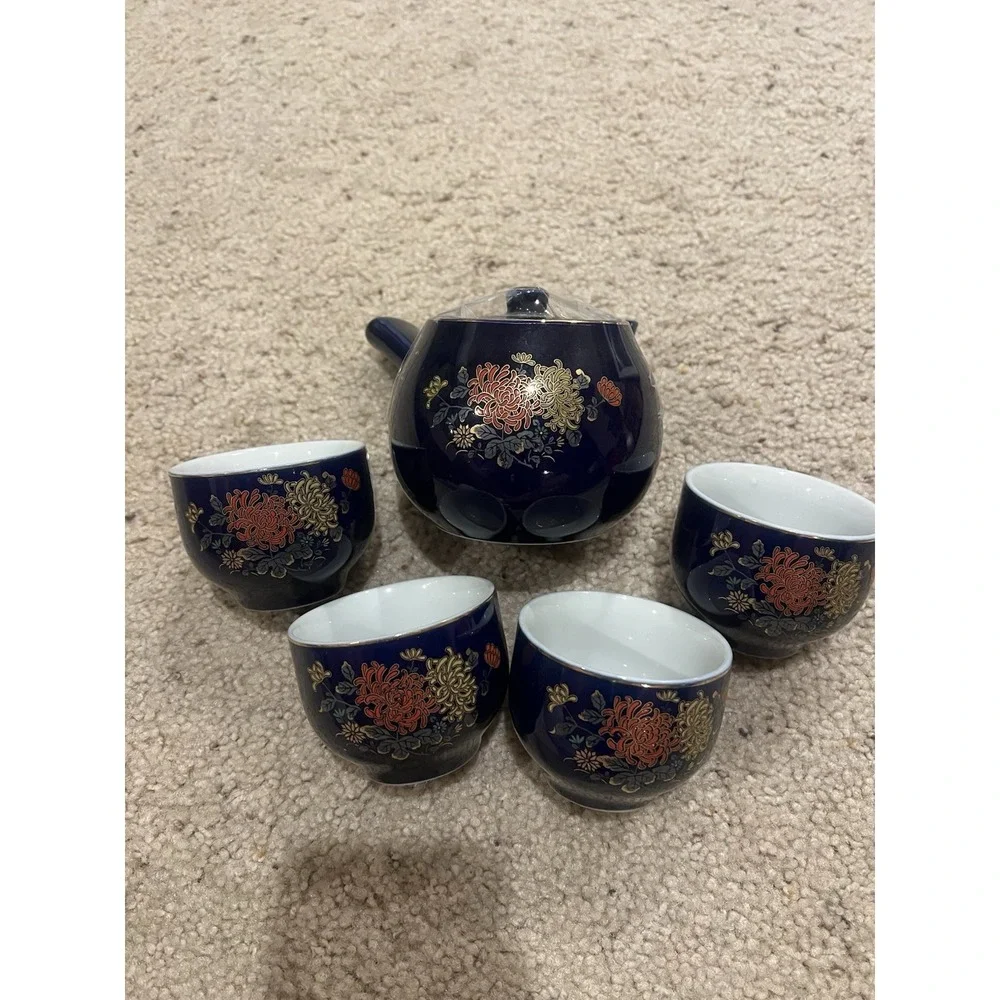 Vintage Japanese Cobalt Blue Teapot & 4 Teacup Set Double Floral Gold Rimmed - Picture 2 of 2